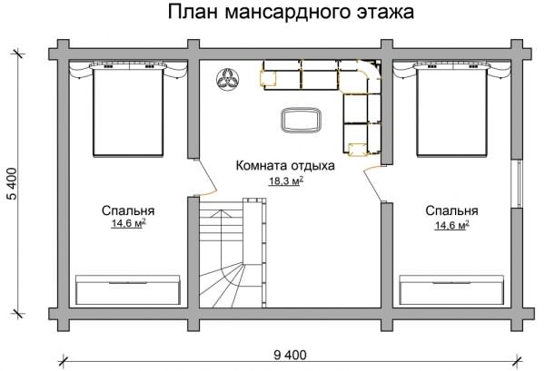 Деревянная баня с мансардой, тремя спальнями и террасой – проект «Север»