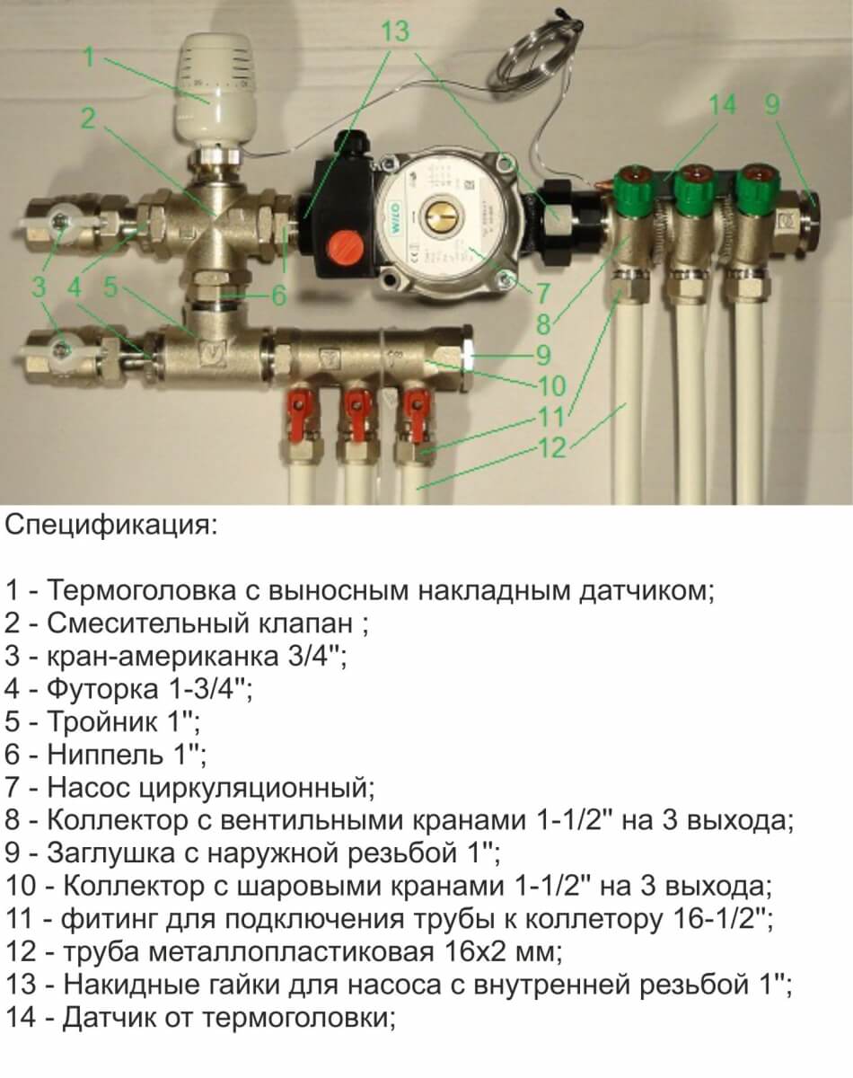 Смесительный узел для теплого пола Valtec от 2 до 4 контуров (20-60 м2.) с автоматической регулировкой